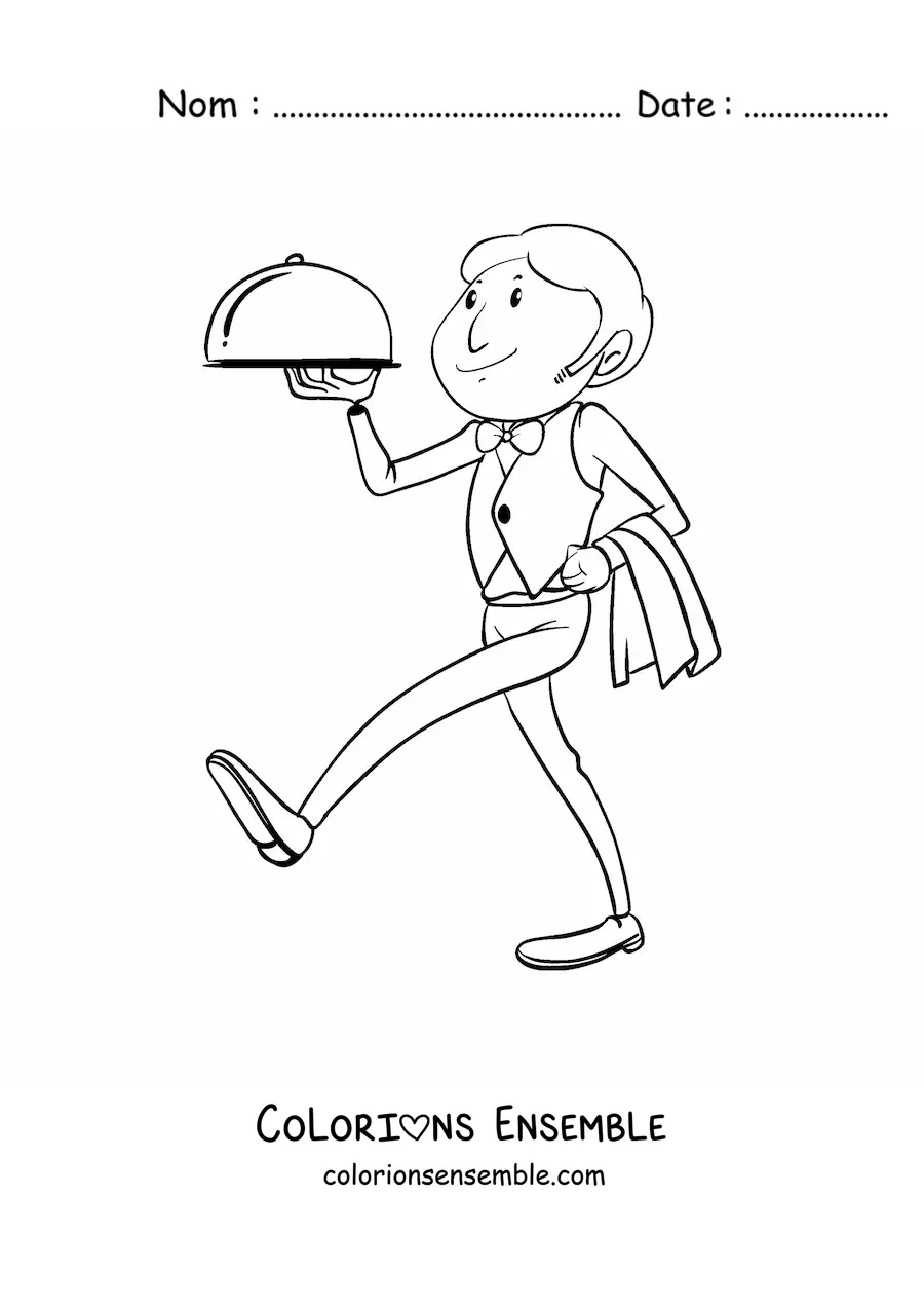 Image à colorier d'un serveur portant un plateau dans un restaurant