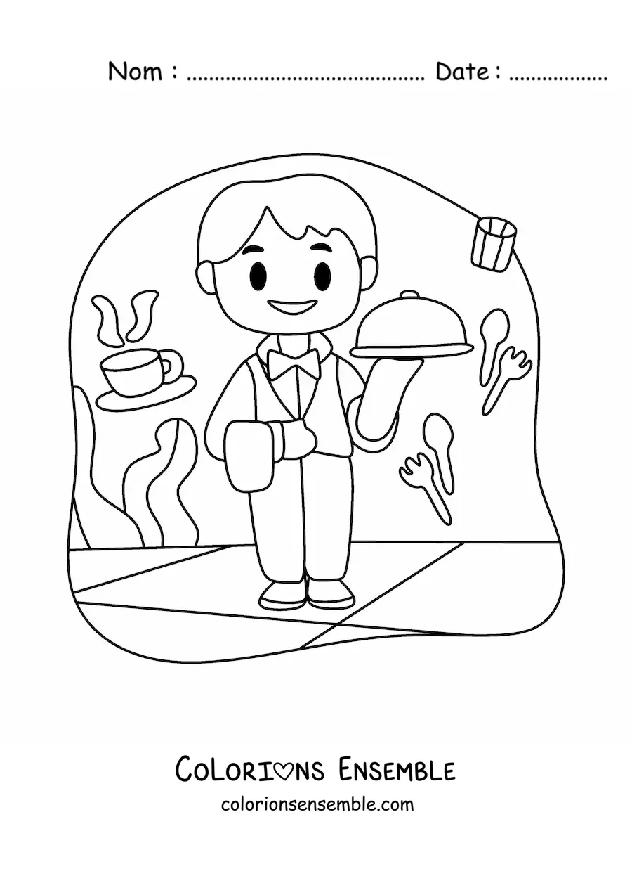 Image à colorier d'un serveur animé portant un plateau dans un restaurant