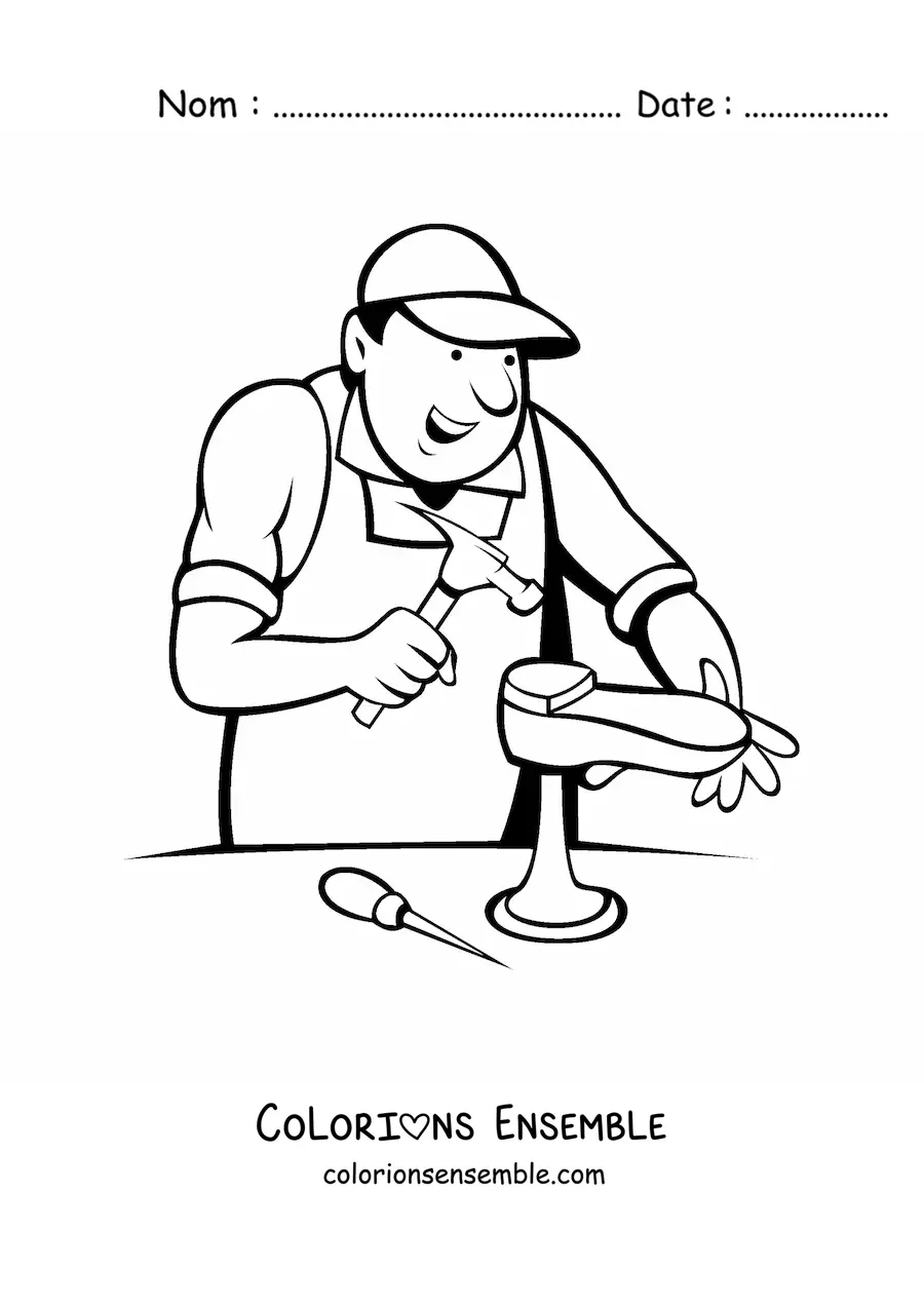 Image à colorier d'un cordonnier animé fabriquant des chaussures