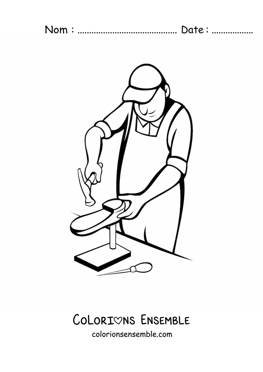 Image à colorier d'un cordonnier animé fabriquant une chaussure