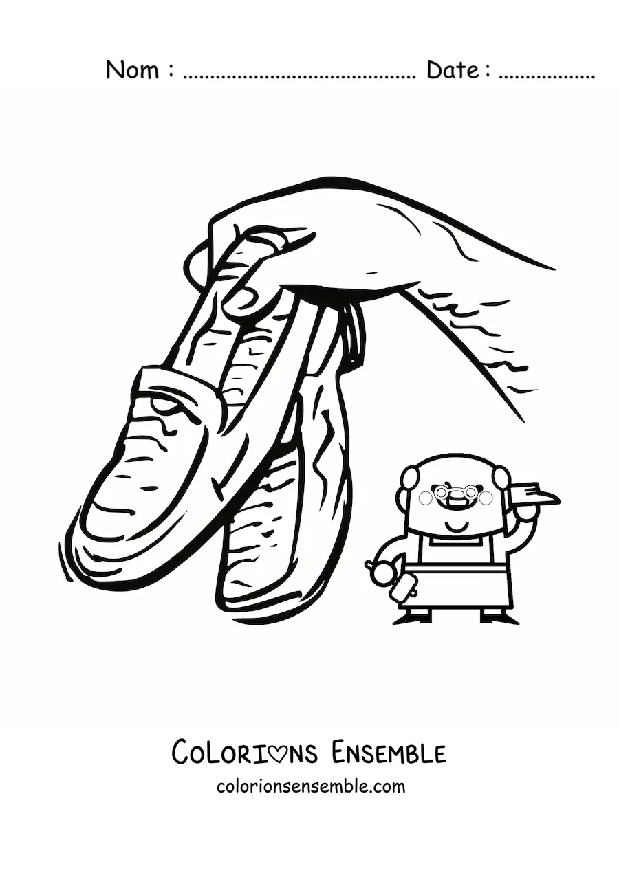 Image à colorier d'un cordonnier artisan animé avec une paire de chaussures