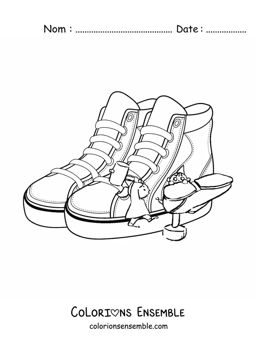 Image à colorier de lutins cordonniers avec une paire de chaussures