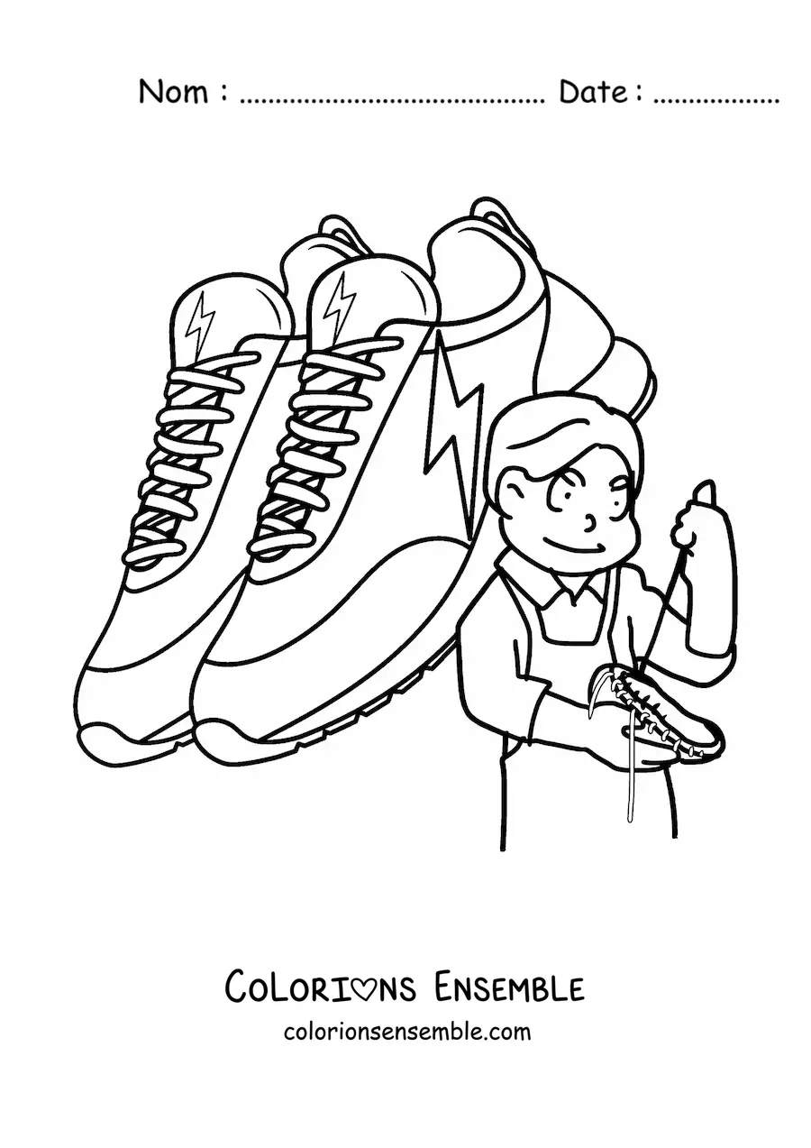 Image à colorier d'un homme animé exerçant le métier de cordonnier avec une paire de chaussures