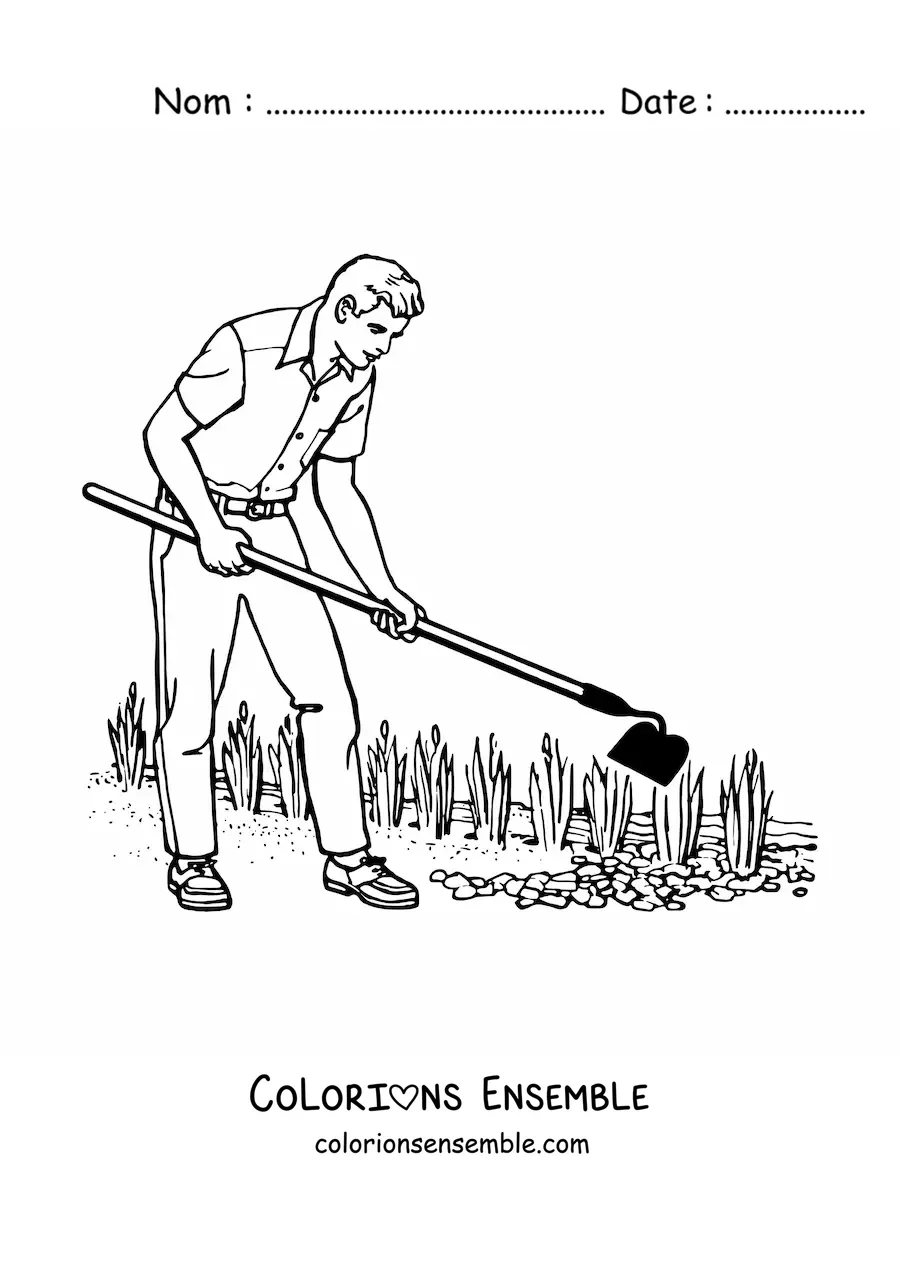 Image à colorier d'un paysagiste travaillant dans un jardin