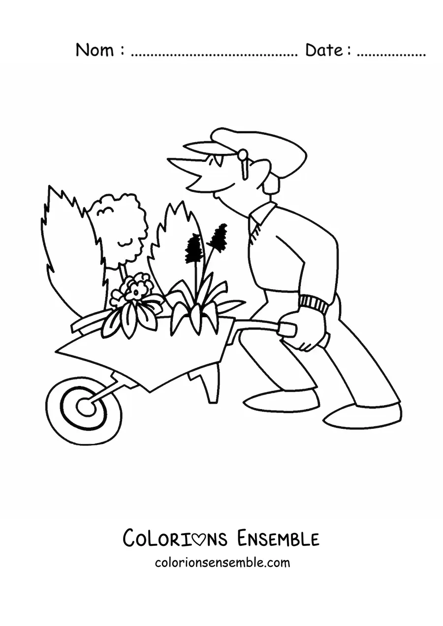 Image à colorier d'une caricature de jardinier