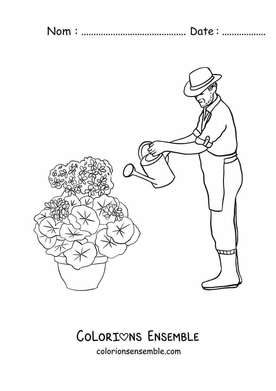 Image à colorier d'un jardinier au chapeau arrosant les plantes