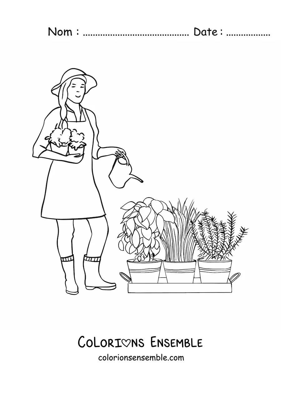 Image à colorier d'une jardinière au chapeau arrosant les plantes