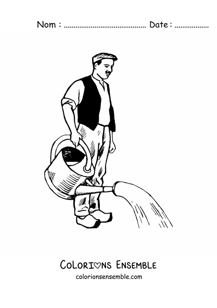 Image à colorier d'un homme exerçant le métier de jardinier arrosant les plantes