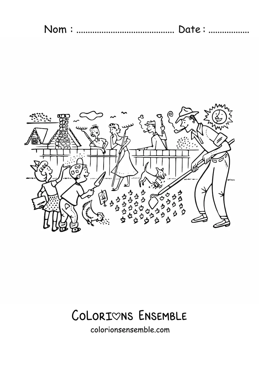 Image à colorier d'une famille avec des enfants faisant des travaux de jardinage dans le jardin