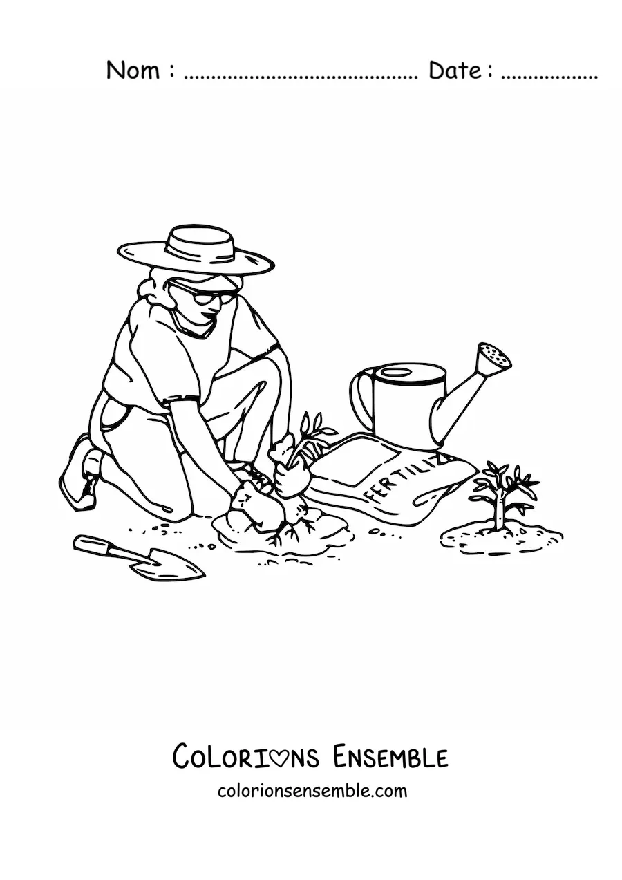 Image à colorier d'une femme jardinière au chapeau plantant dans le jardin