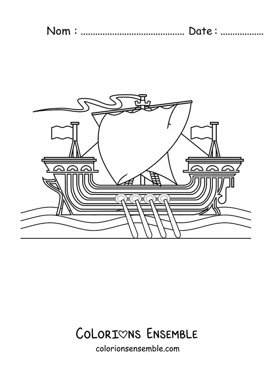 Image à colorier d'un bateau viking sur la mer avec des rames et plusieurs voiles