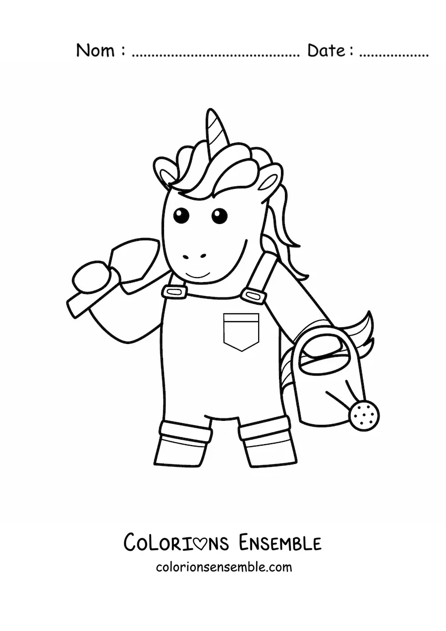 Image à colorier d'une licorne jardinière kawaii animée