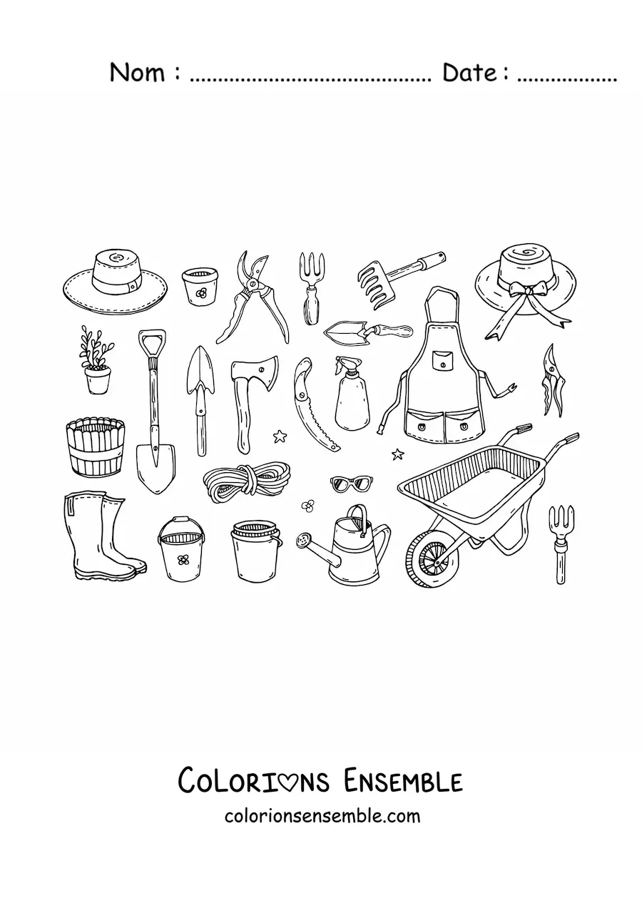 Image à colorier des outils d'un jardinier