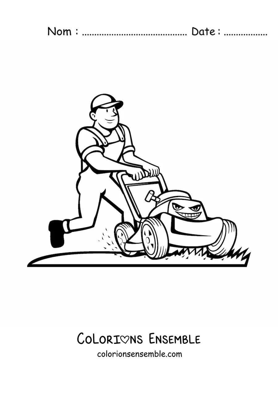 Image à colorier d'une caricature de jardinier tondant la pelouse