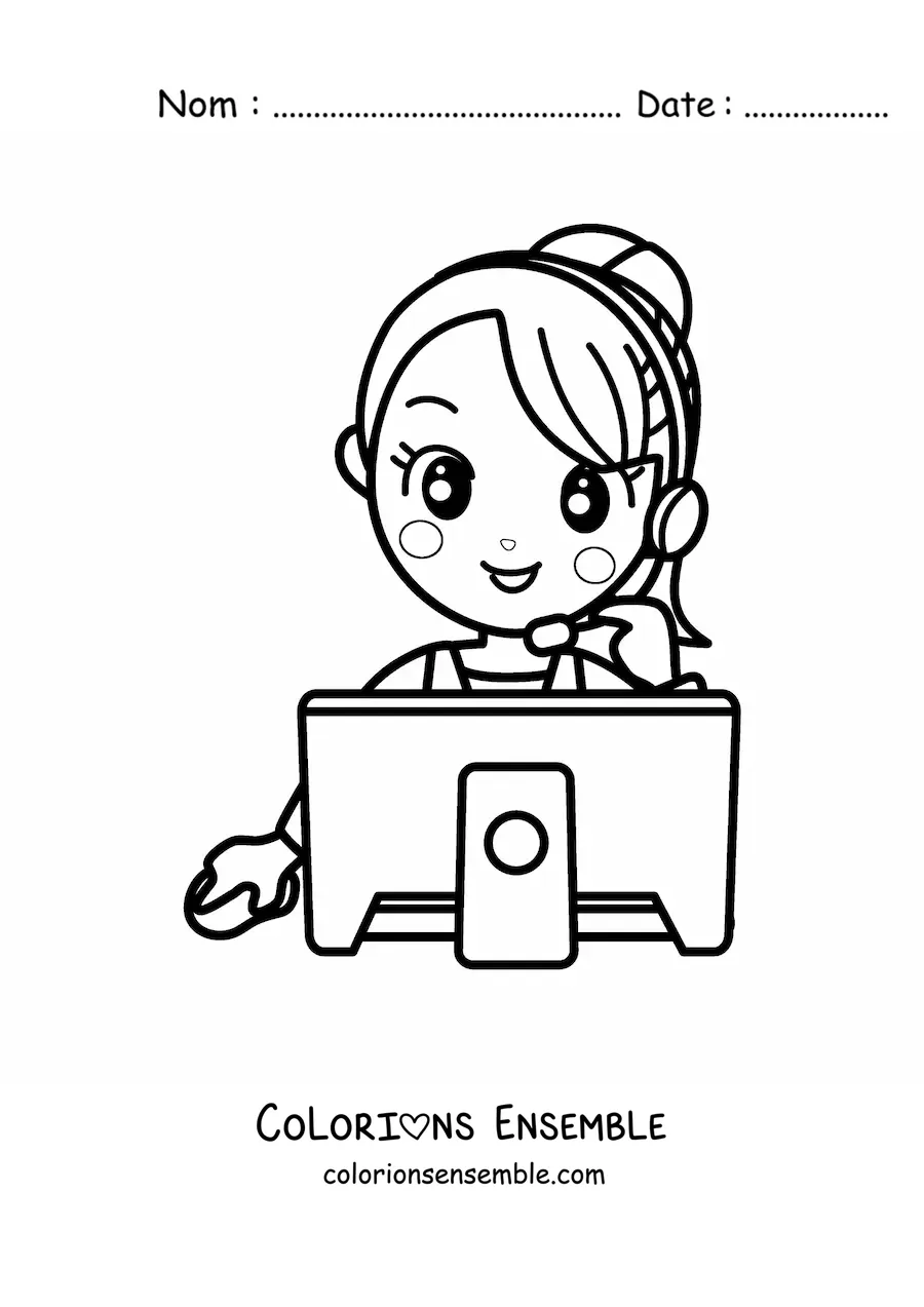 Image à colorier d'une secrétaire kawaii au téléphone devant l'ordinateur