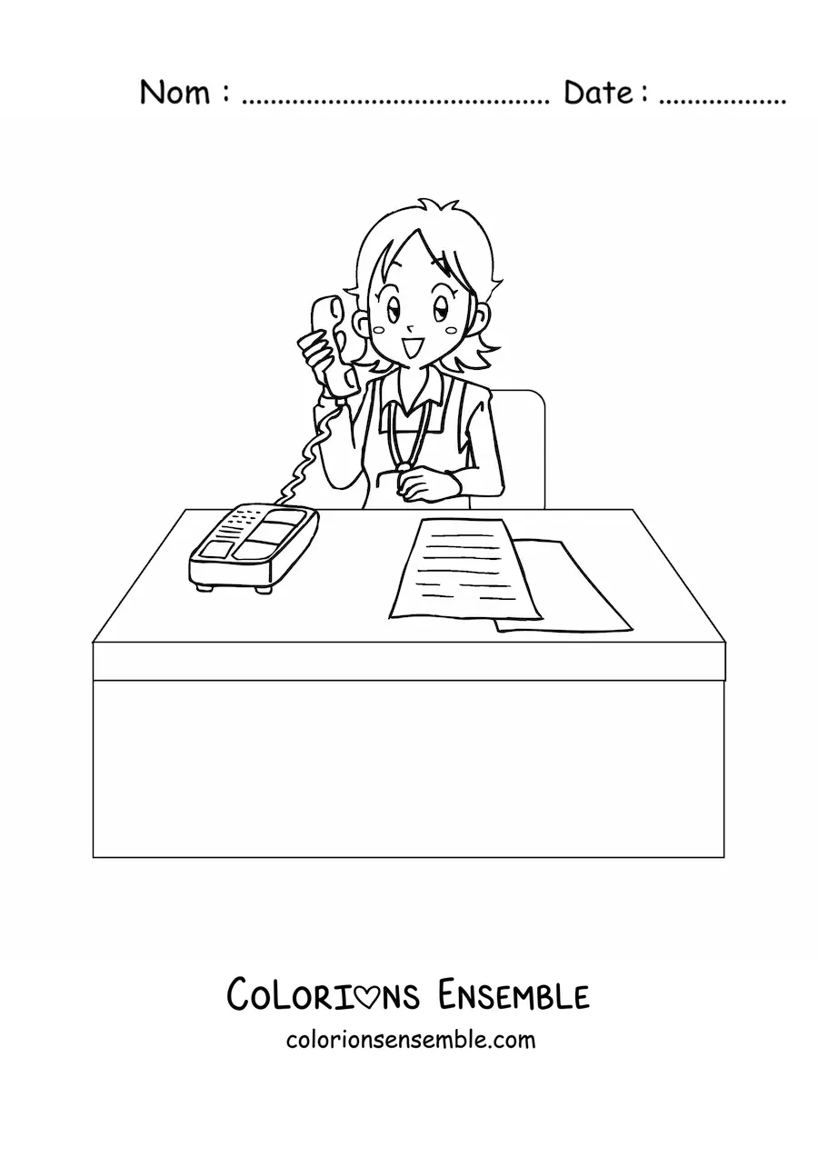 Image à colorier d'une secrétaire animée au téléphone dans son bureau