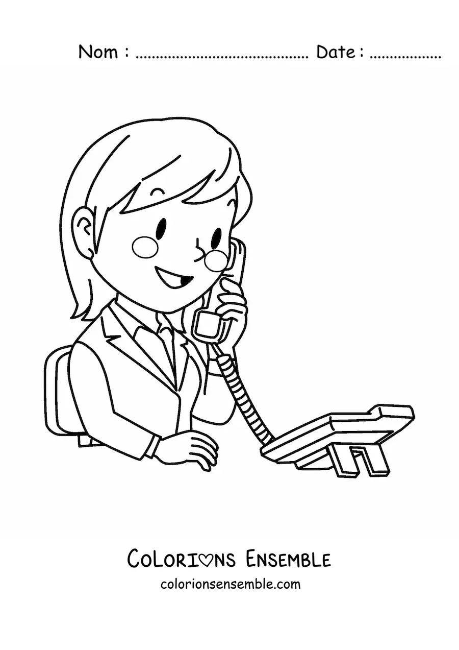 Image à colorier d'une téléopératrice de télémarketing parlant au téléphone