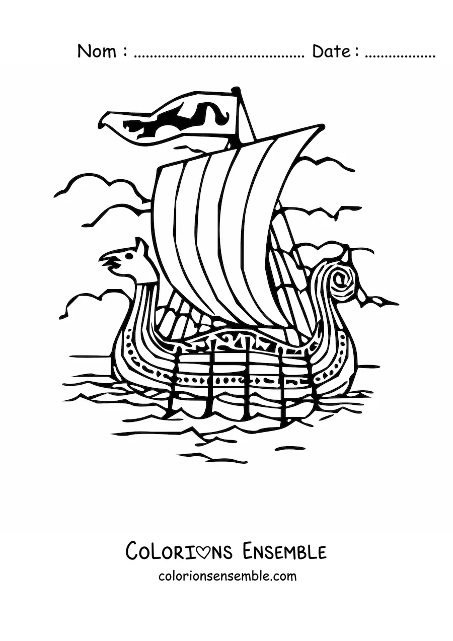 Image à colorier d'un bateau viking sur la mer avec des rames et une proue en forme de tête d'animal