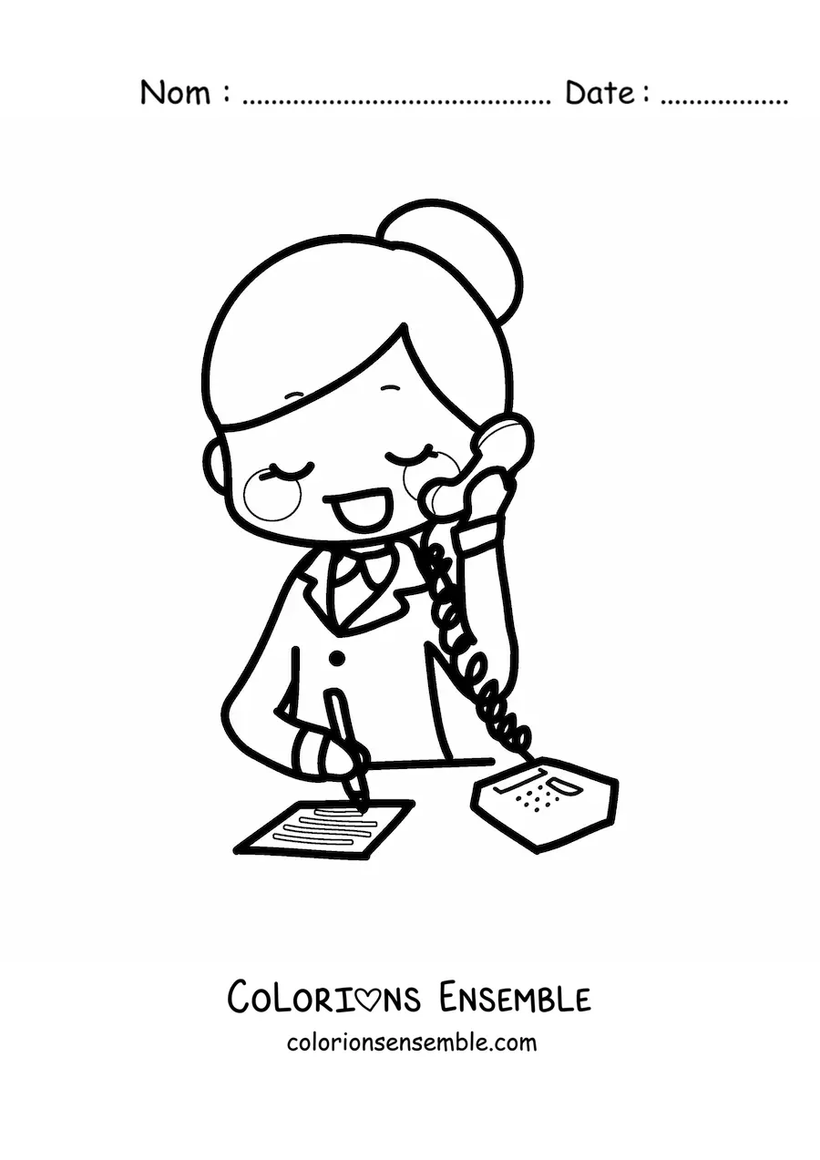 Image à colorier d'une caricature de secrétaire au téléphone dans son bureau