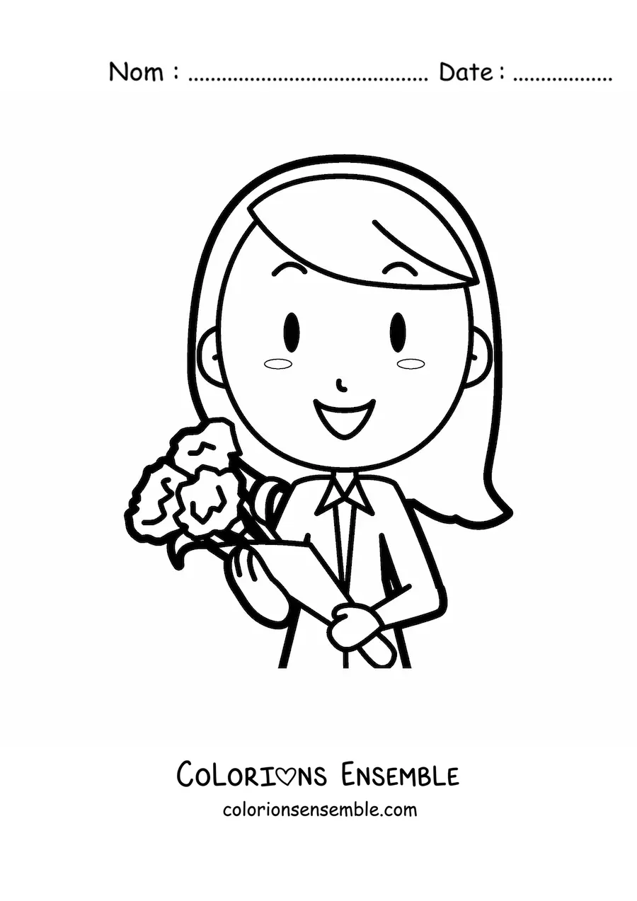 Image à colorier d'une secrétaire animée avec un bouquet de fleurs pour la Journée des Secrétaires