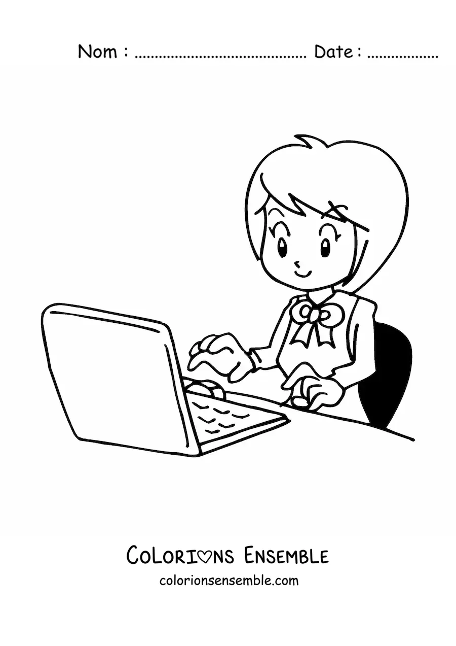 Image à colorier d'une secrétaire animée tapant sur l'ordinateur