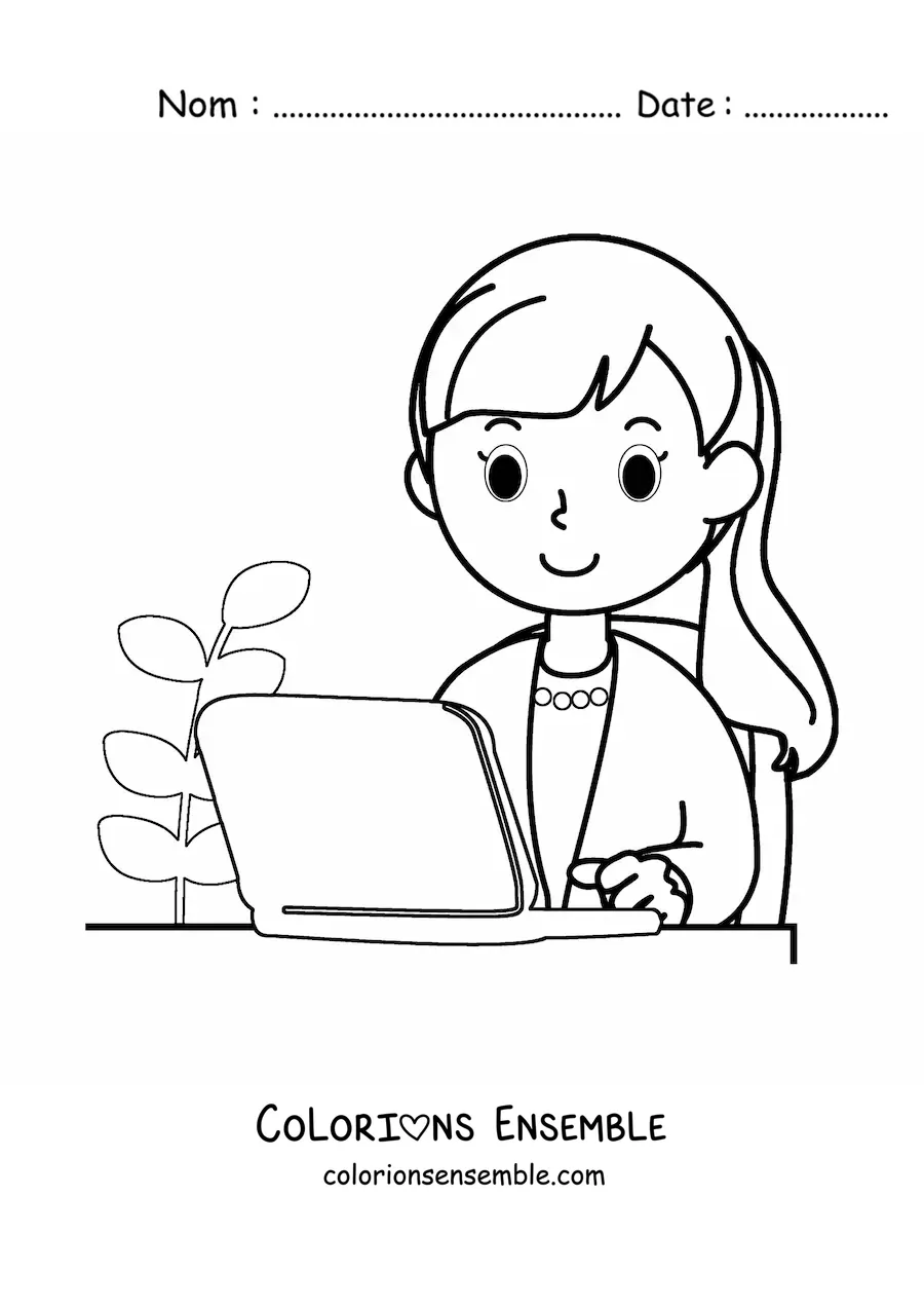 Image à colorier facile d'une secrétaire animée travaillant sur un ordinateur portable au bureau