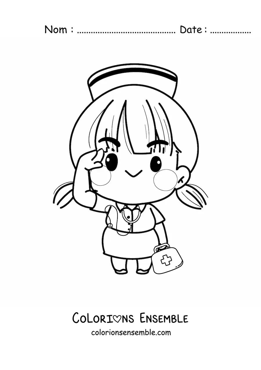 Image à colorier facile d'une infirmière kawaii animée