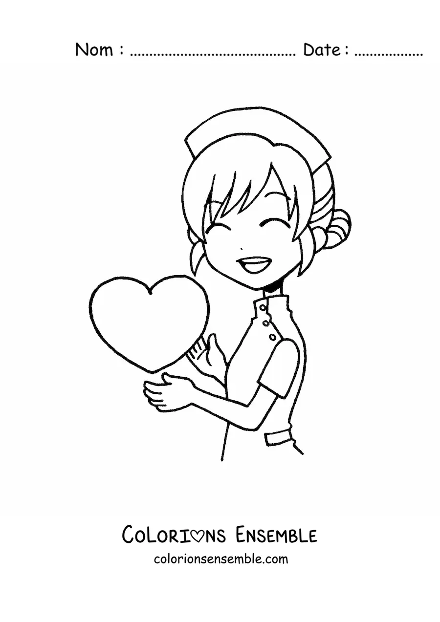 Image à colorier d'une infirmière kawaii animée avec un cœur