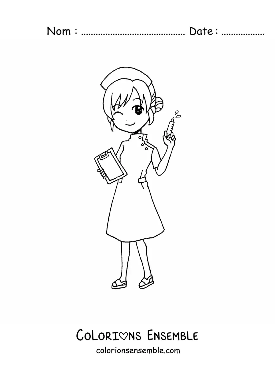 Image à colorier d'une infirmière kawaii animée avec une seringue