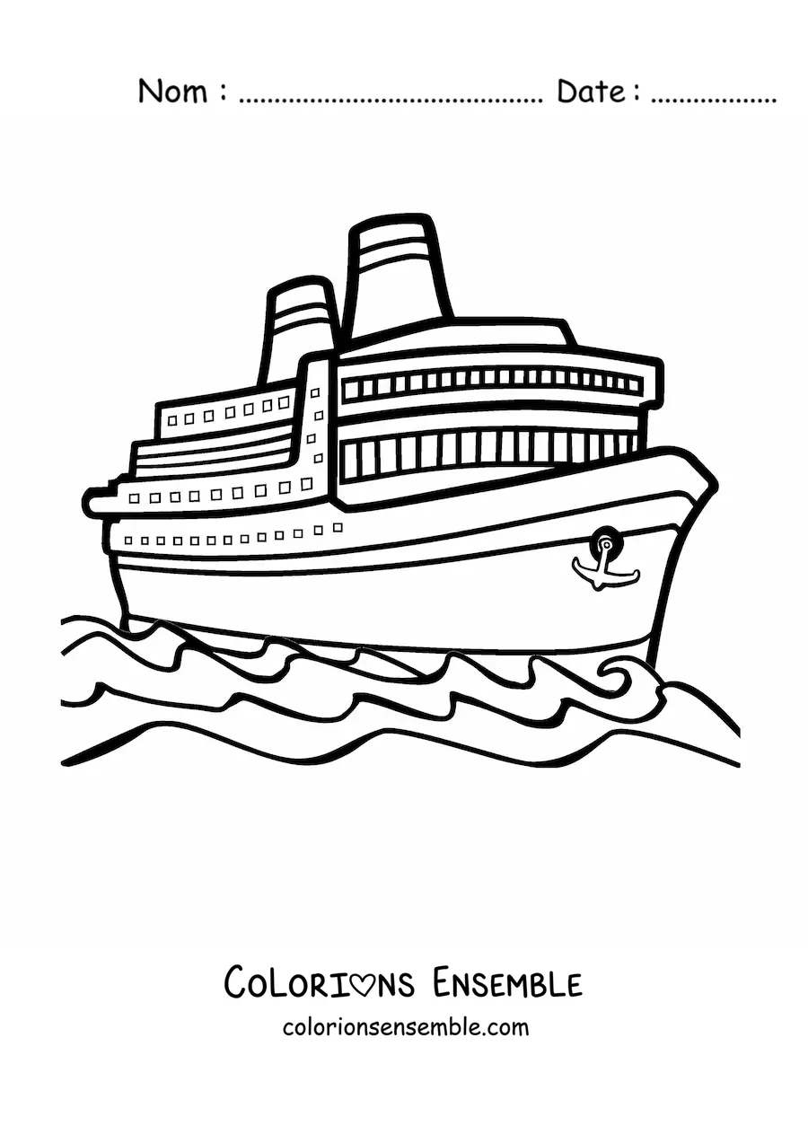 Image à colorier d'un bateau de croisière sur la mer avec une ancre