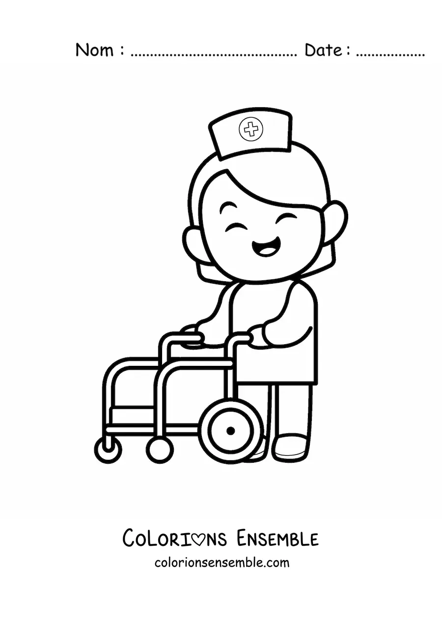 Image à colorier d'une infirmière animée avec un fauteuil roulant