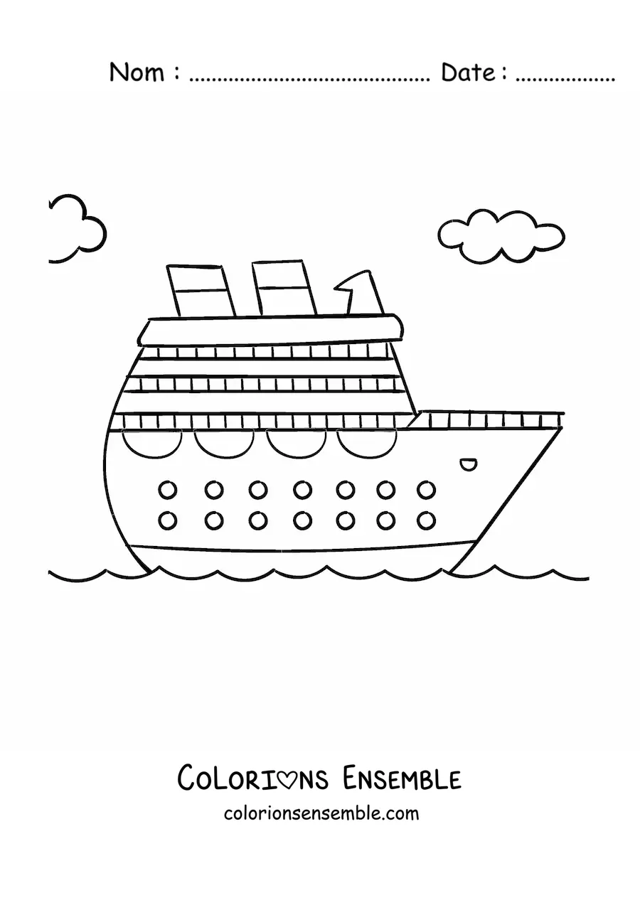 Image à colorier d'un bateau de croisière sur la mer avec des nuages en arrière-plan