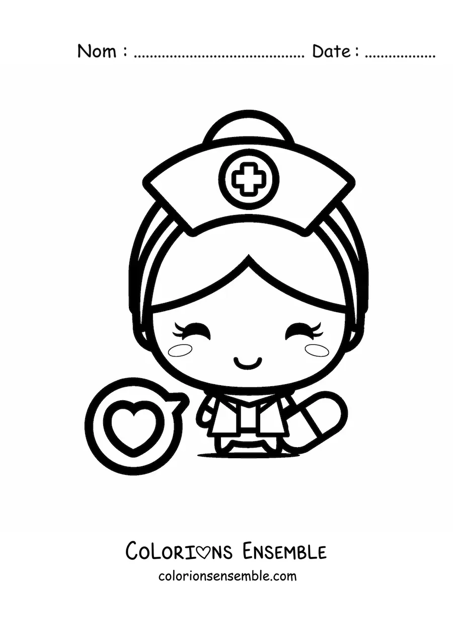 Image à colorier d'une infirmière kawaii avec un cœur