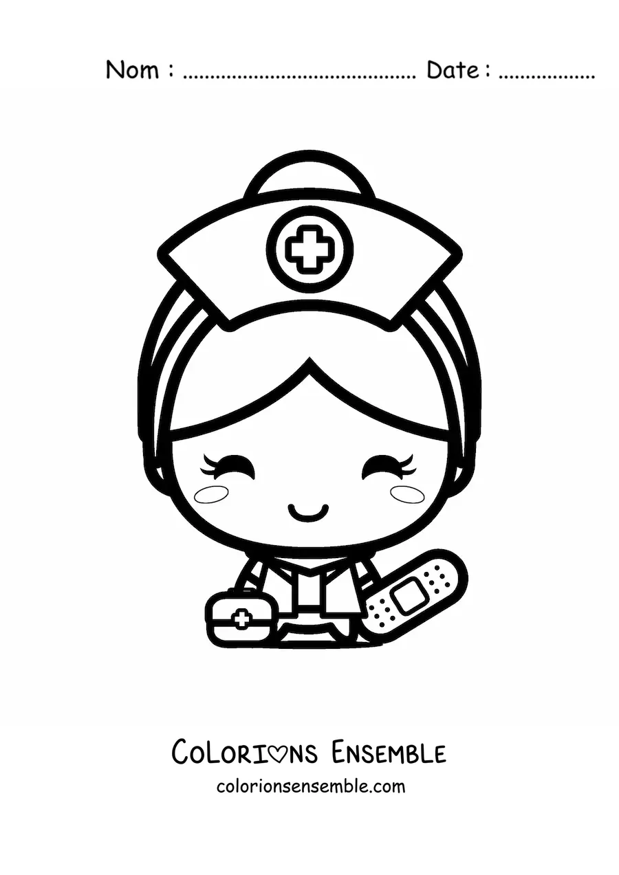 Image à colorier d'une infirmière kawaii avec un pansement