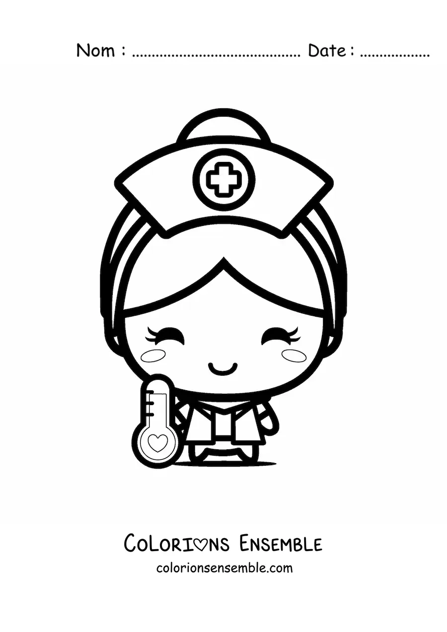Image à colorier d'une infirmière kawaii avec un thermomètre
