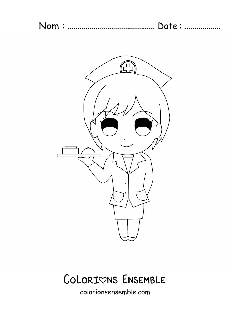Image à colorier d'une infirmière animée avec un plateau