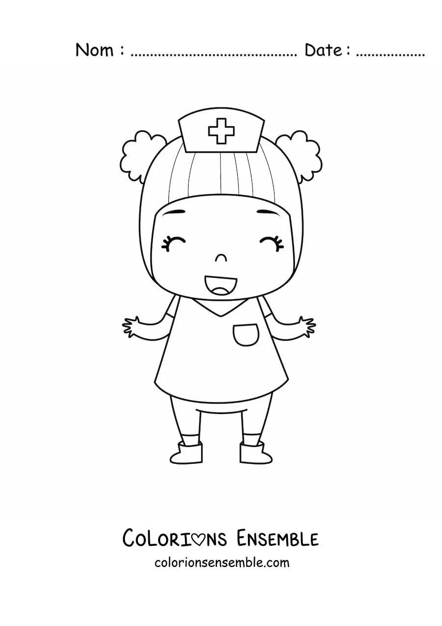 Image à colorier d'une petite fille infirmière animée