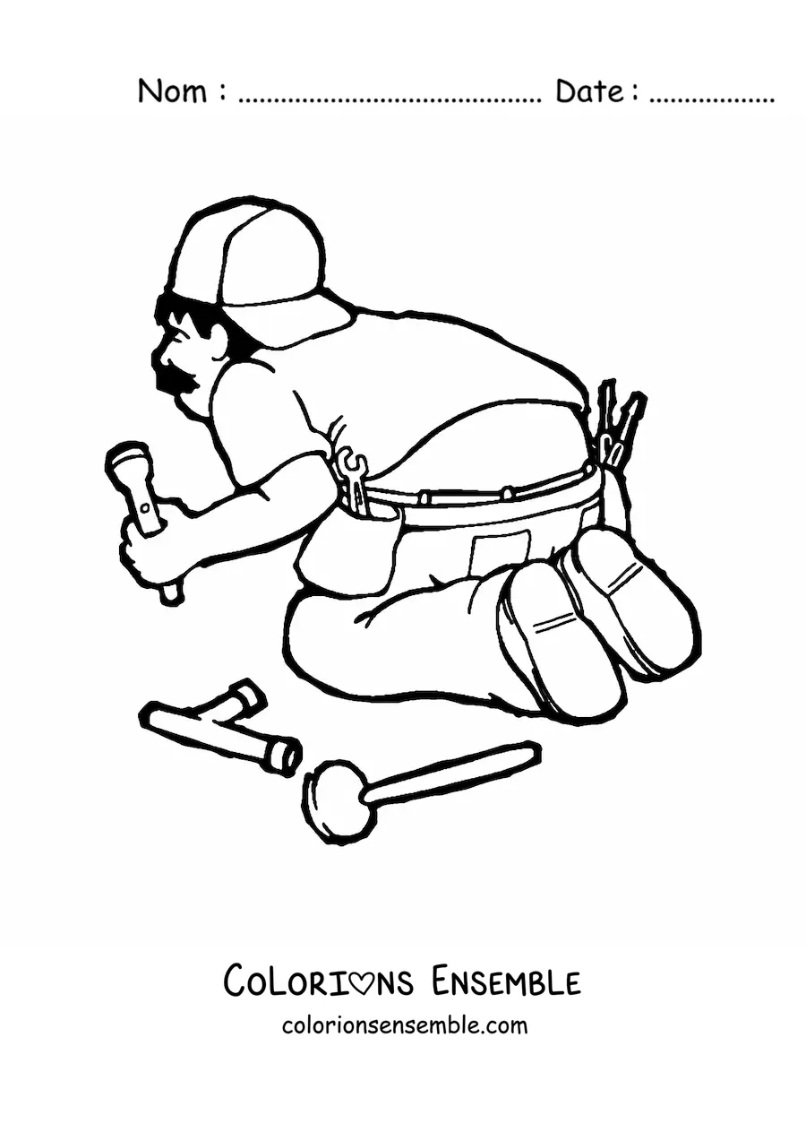 Image à colorier d'une caricature de plombier rigolo au travail