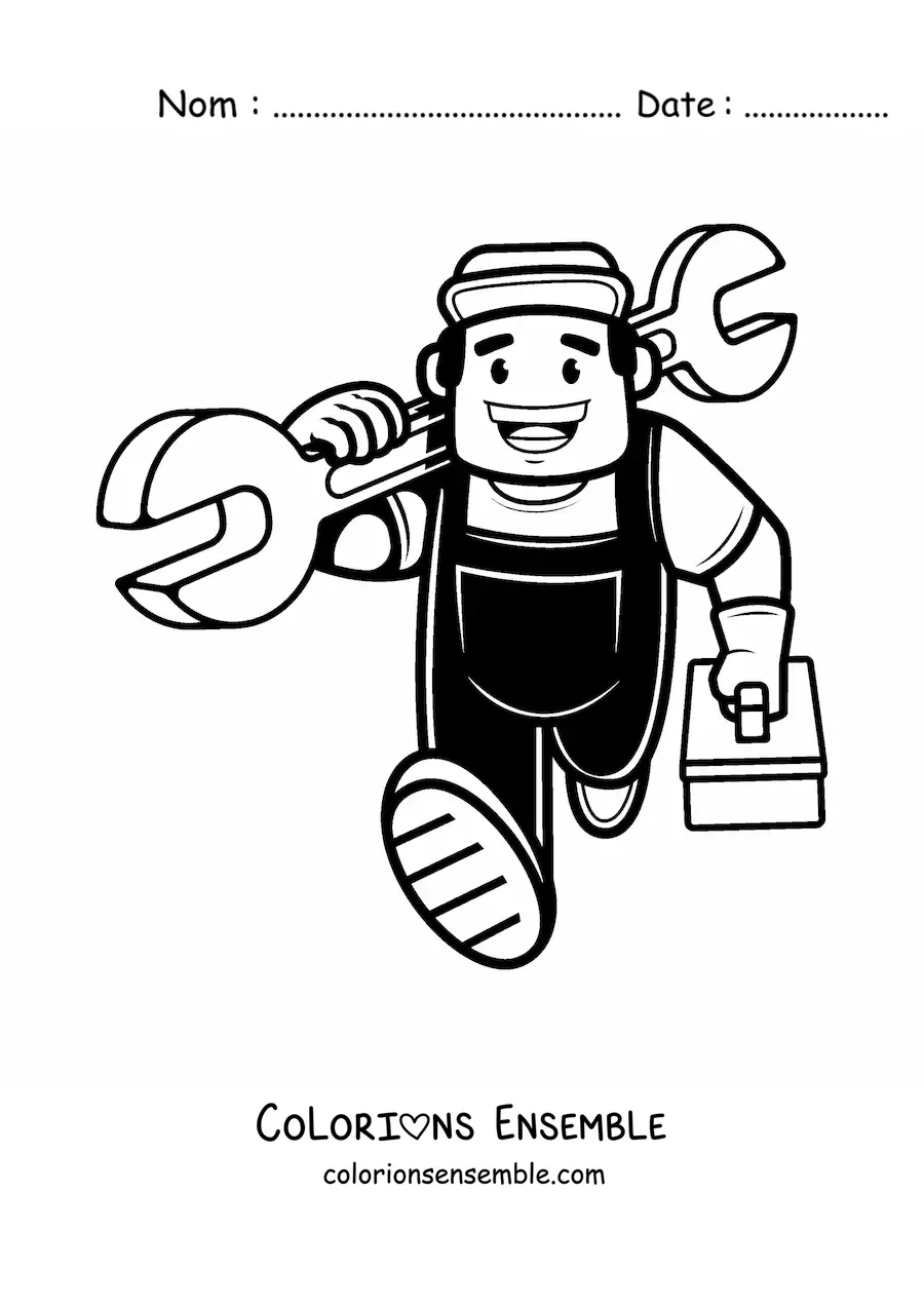 Image à colorier facile d'un plombier animé avec ses outils