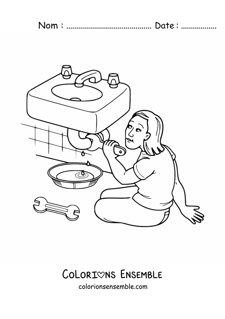 Image à colorier d'une femme plombière réparant une canalisation de la salle de bain