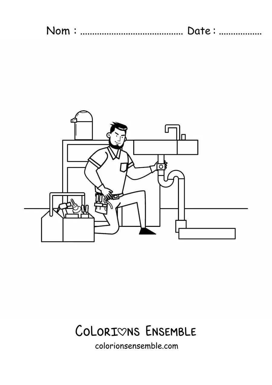 Image à colorier d'un plombier animé travaillant sur un lavabo