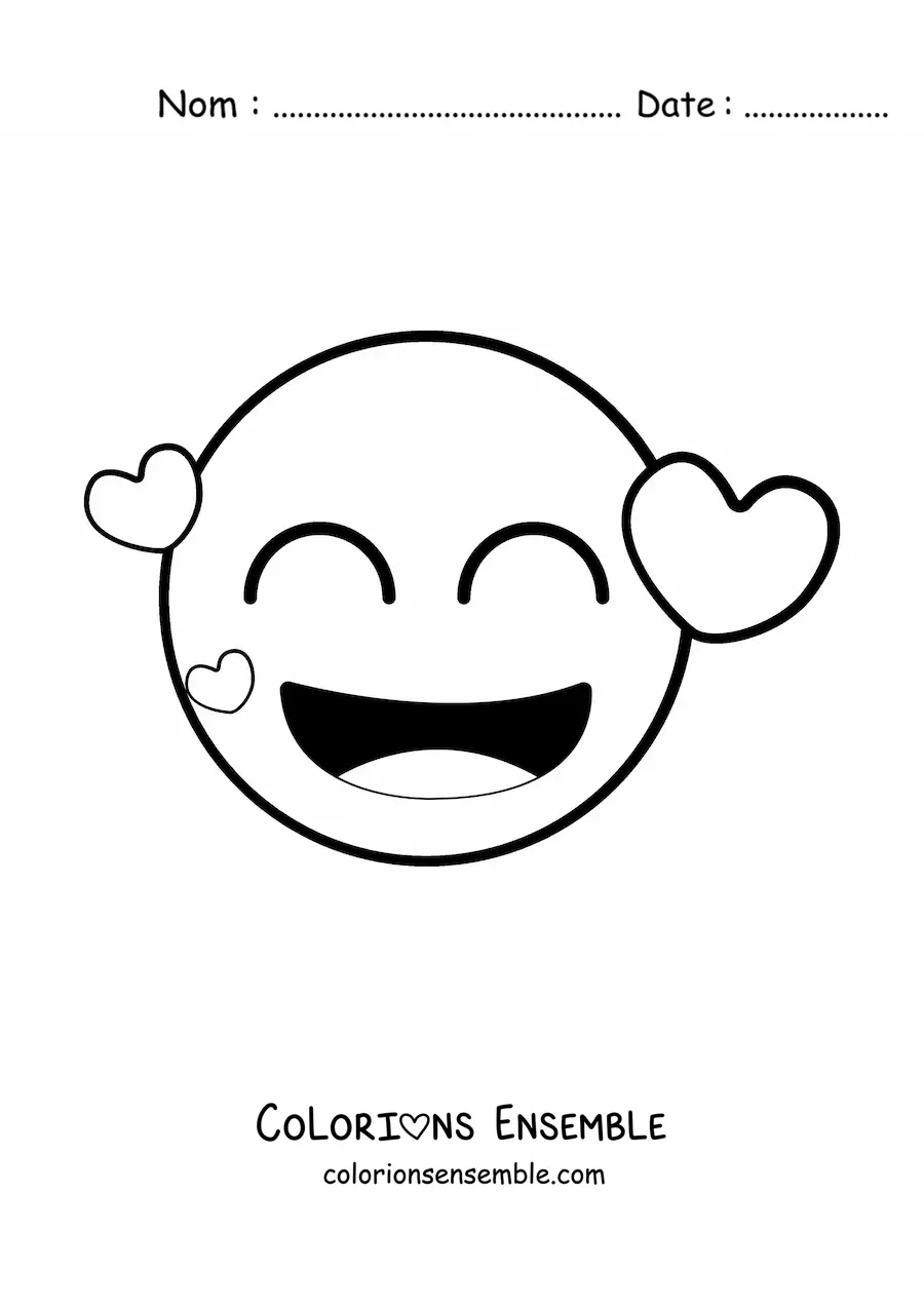 Image à colorier d'un emoji heureux entouré de cœurs
