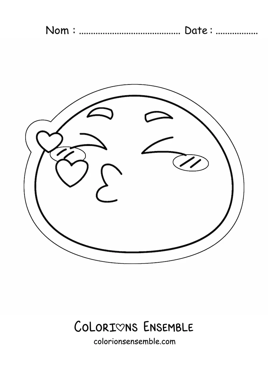Image à colorier d'un emoji qui fait un bisou entouré de cœurs
