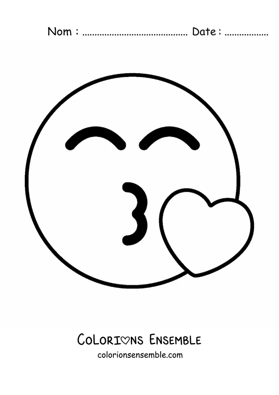 Image à colorier d'un emoji qui fait un bisou, facile