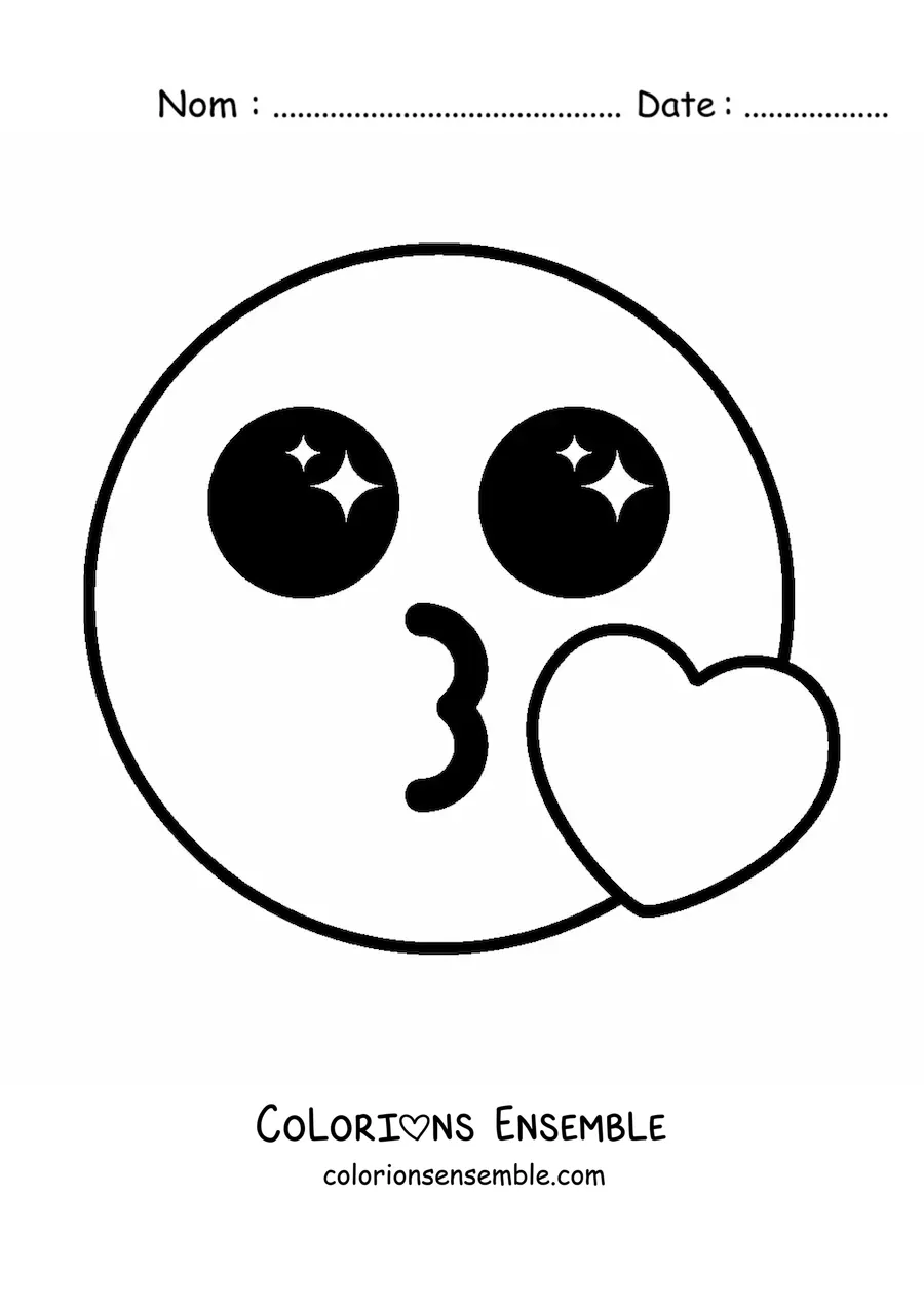 Image à colorier d'un emoji qui fait un bisou, kawaii