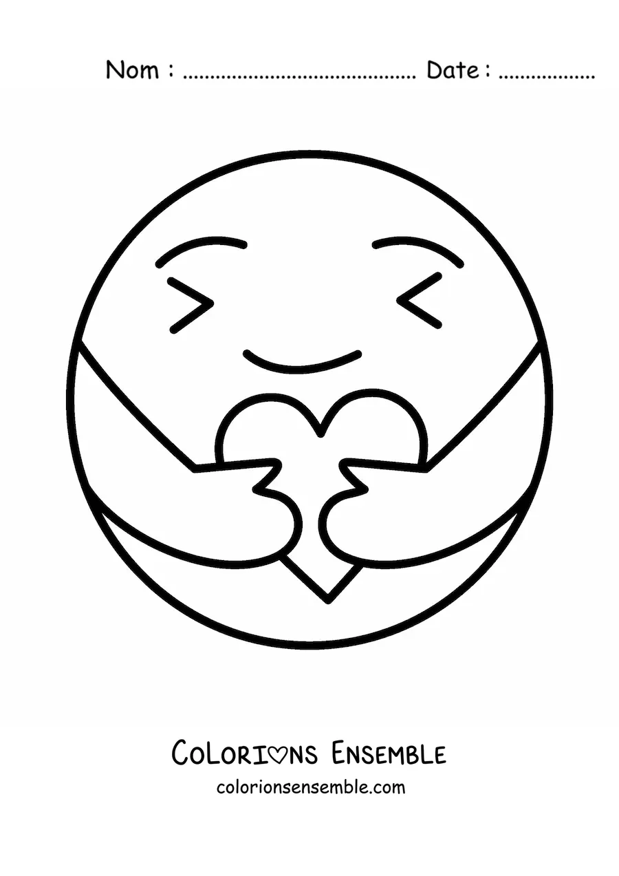Image à colorier d'un emoji qui fait un câlin tout mignon avec un cœur