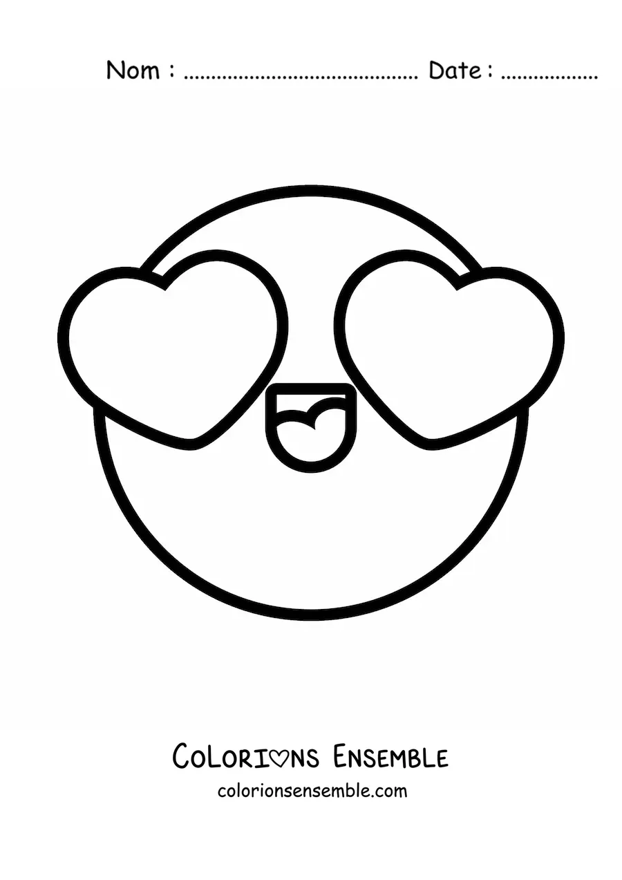 Image à colorier d'un emoji amoureux avec de grands yeux en forme de cœur