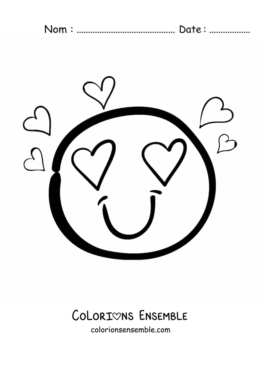 Image à colorier d'un emoji amoureux avec des yeux en forme de cœur et des cœurs tout autour