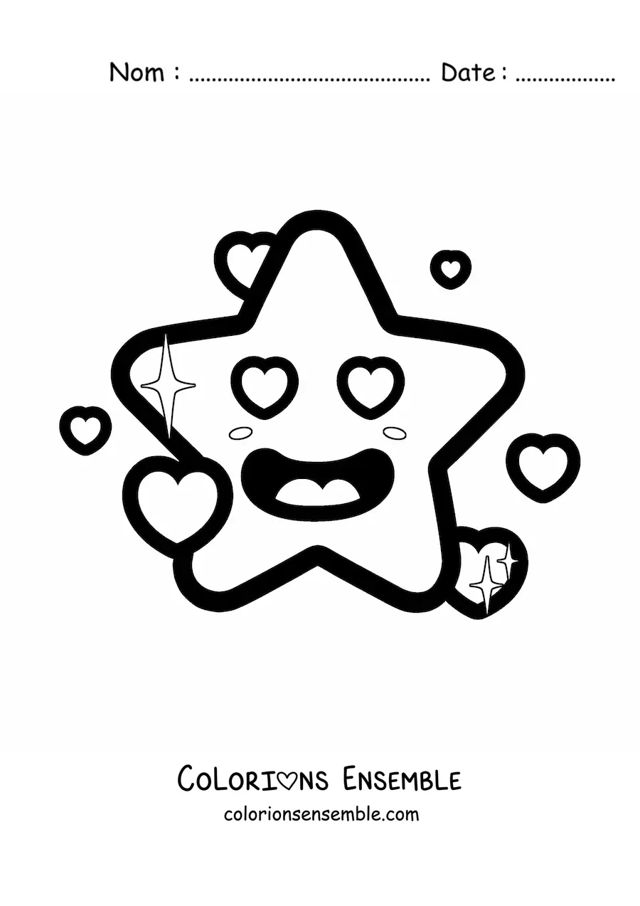 Image à colorier d'un emoji étoile amoureuse, facile, avec des cœurs