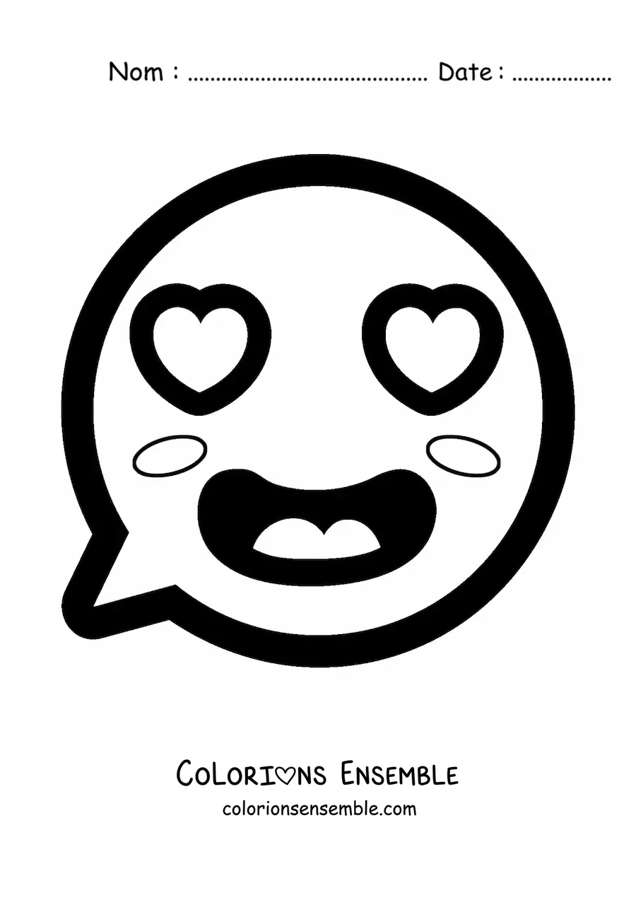 Image à colorier d'un emoji kawaii amoureux avec des yeux en forme de cœur